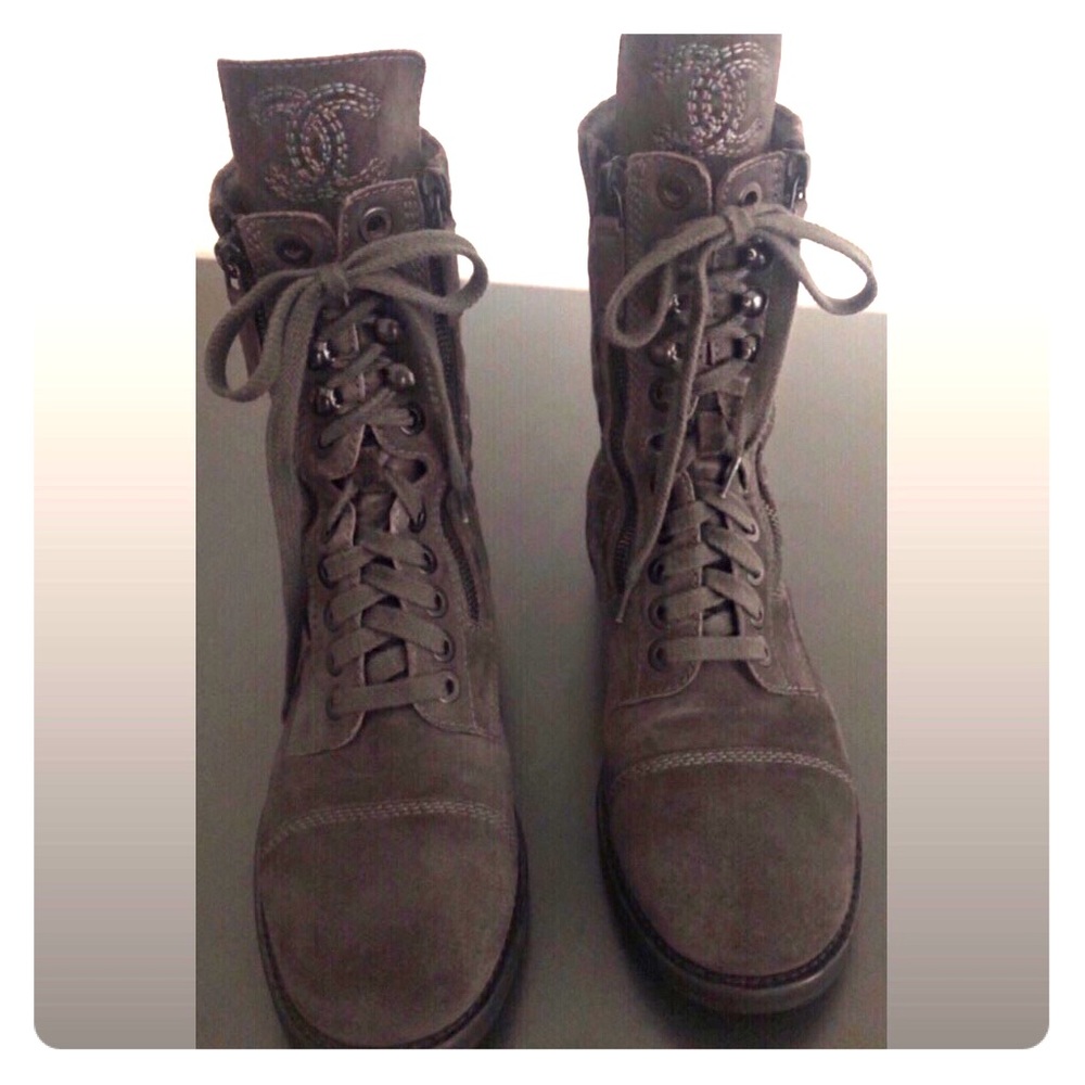 Authentic CHANEL Grey Suede Combat Boots 38.5